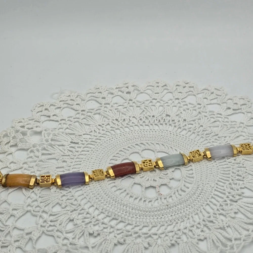 Vintage Multi Color Jade Chinese Character Link Bracelet Gold Tone 7.5 Inch